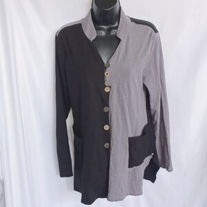 Neon Buddha Womens Sz M Wearable Art to Wear Blouse Black/Grey, 20" PTP, 26" L